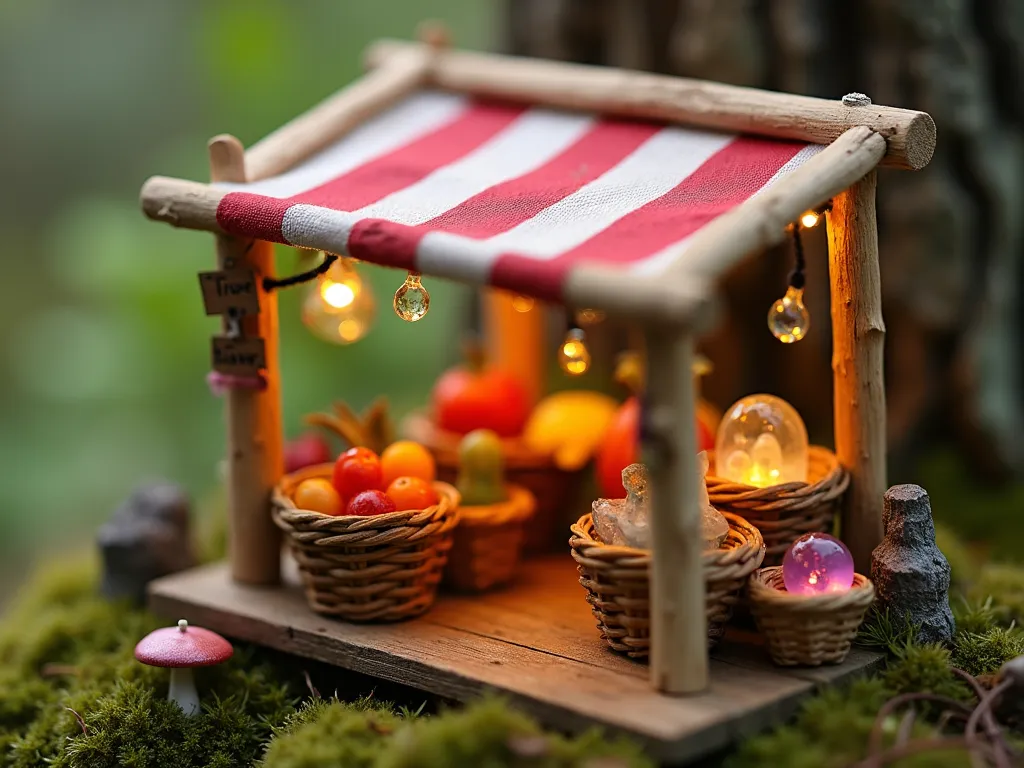 Whimsical Fairy Market Stall - A charming miniature fairy market stall crafted from wooden popsicle sticks, with a red and white striped fabric awning. The stall features tiny handcrafted displays of colorful fruits and vegetables, with miniature woven baskets holding magical crystals and glowing potions. Soft ethereal lighting illuminates the detailed tiny produce, including microscopic apples, mushrooms, and pumpkins. Small fairy-sized signs and price tags hang from the rustic wooden structure. Perspective from slightly above, with a shallow depth of field creating a dreamy, magical atmosphere. Photorealistic style with attention to intricate details.