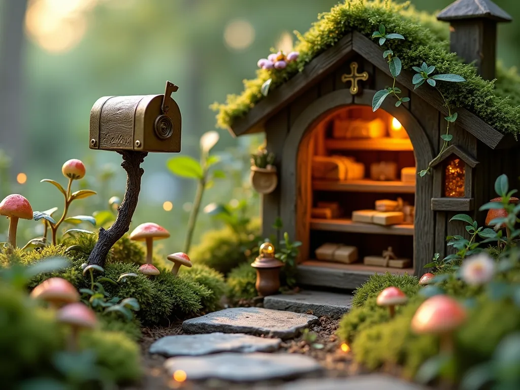 Whimsical Fairy Post Office Garden Scene - A charming miniature fairy post office scene in a magical garden setting, featuring a tiny wooden cottage-style post office with a moss-covered roof and climbing vines. A delicate brass thimble mailbox stands on a twig post, overflowing with tiny scrolled letters. Through the window, visible miniature wooden sorting shelves with microscopic packages wrapped in brown paper and tied with twine. Soft, ethereal lighting filters through surrounding miniature flowers and ferns, creating a magical atmosphere. Weathered stone path leading to the entrance, decorated with tiny mushrooms and glowing fireflies.