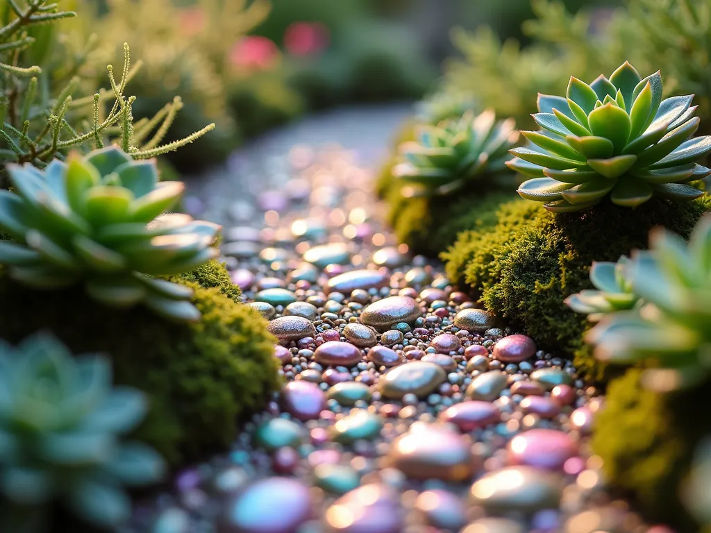 Enchanted Glitter Rock Path with Fairy Garden Plants - A close-up view of a winding garden path made of small rocks coated in iridescent glitter and sparkly paint, glistening in soft sunlight. The path meanders through miniature fairy garden plants and tiny succulents. The rocks shimmer in various pastel colors with magical sparkle effects. Small artificial moss patches and delicate miniature ferns line the edges of the path, creating a whimsical and enchanted atmosphere. Soft, dreamy lighting enhances the magical quality of the scene.