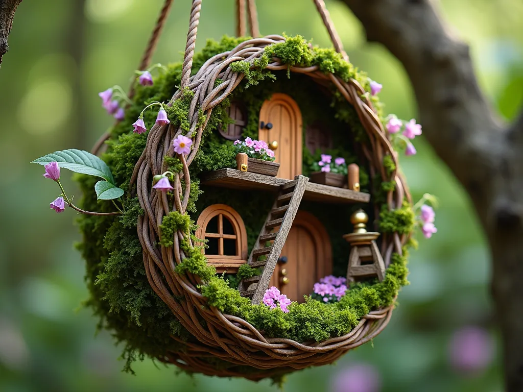 Enchanted Hanging Basket Fairy House - A whimsical suspended fairy garden house made from a rustic woven hanging basket, photographed from a slight bottom angle. The basket is abundantly lined with lush green moss and features multiple tiny wooden levels connected by miniature ladders. Handcrafted wooden doors with tiny brass handles and arched windows adorned with window boxes full of tiny pink and purple flowers. Delicate ivy and wisteria vines cascade down the sides, creating a magical treehouse effect. Soft, ethereal lighting filters through the levels, suggesting fairy inhabitants. The overall color palette is natural with deep greens, earthy browns, and touches of purple and pink. Captured with shallow depth of field for a dreamy, enchanted forest atmosphere.