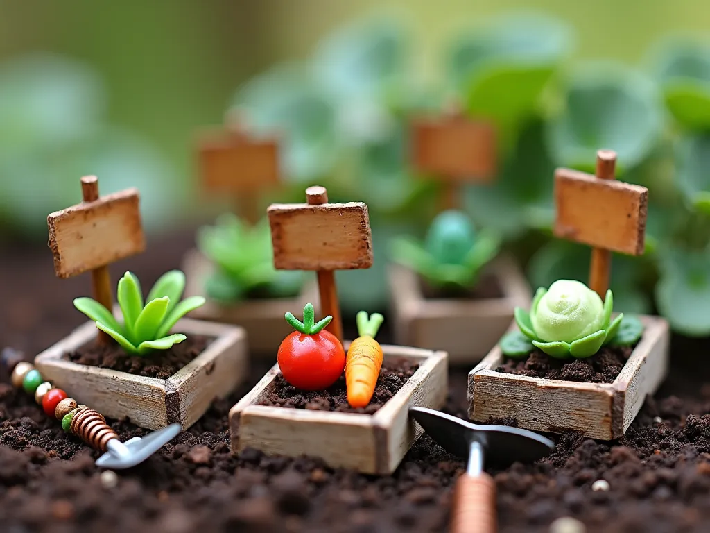 Whimsical Miniature Fairy Vegetable Garden - A charming miniature fairy garden vegetable patch with tiny handcrafted raised beds made from weathered popsicle sticks, arranged in neat rows. Delicate polymer clay vegetables including miniature carrots, tomatoes, and cabbage sprout from rich brown soil. Delightful handmade garden signs on copper wire stakes identify each crop. Tiny gardening tools including a rake, watering can, and spade crafted from twisted wire and colorful beads rest against the beds. Soft diffused lighting creates a magical atmosphere, with subtle depth of field. Photorealistic, high detail, fairy tale aesthetic.