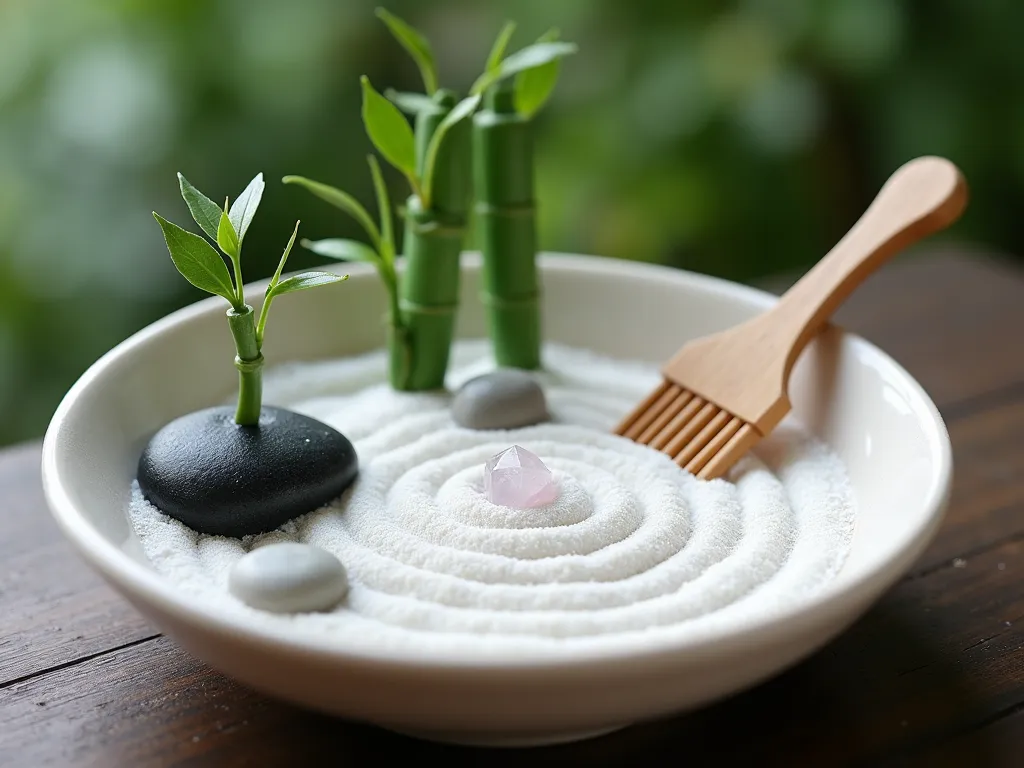 Miniature Zen Garden Serenity - A serene miniature zen garden in a shallow ceramic dish, featuring pristine white sand carefully raked in delicate concentric patterns. Small polished river stones and crystals are artfully arranged among tiny bamboo stems crafted from painted green toothpicks. A miniature wooden rake rests against a smooth black stone. The scene is photographed from a slightly elevated angle with soft, natural lighting creating gentle shadows across the sand patterns. Macro photography style with shallow depth of field, emphasizing the peaceful, meditative atmosphere.