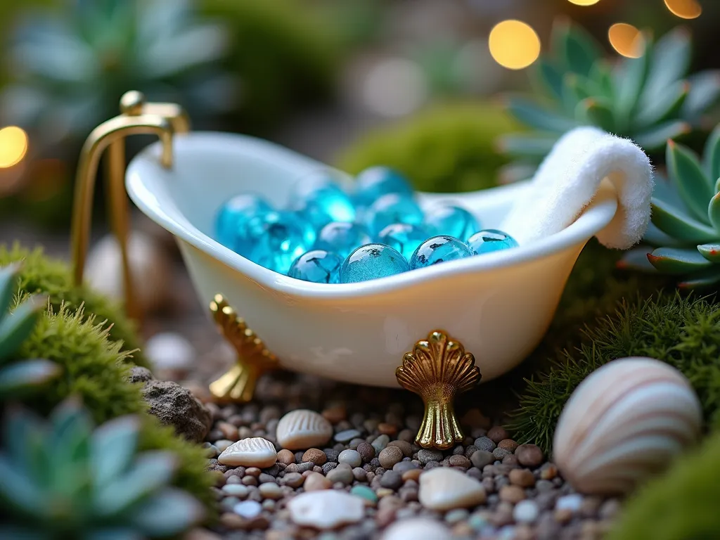 Enchanting Seashell Fairy Bath Garden - A magical miniature garden scene featuring an elegant pearlescent seashell bath filled with shimmering blue glass gems resembling water. The bath is nestled among tiny succulent plants and delicate moss, with a miniature white felt towel draped over the shell's edge. Small scattered seashells and iridescent decorative stones create a path leading to the bath. Soft fairy lights illuminate the scene, creating a dreamy, ethereal atmosphere with gentle bokeh effects. The composition is intimate and detailed, shot from a low angle to capture the whimsical fairy-scale perspective.