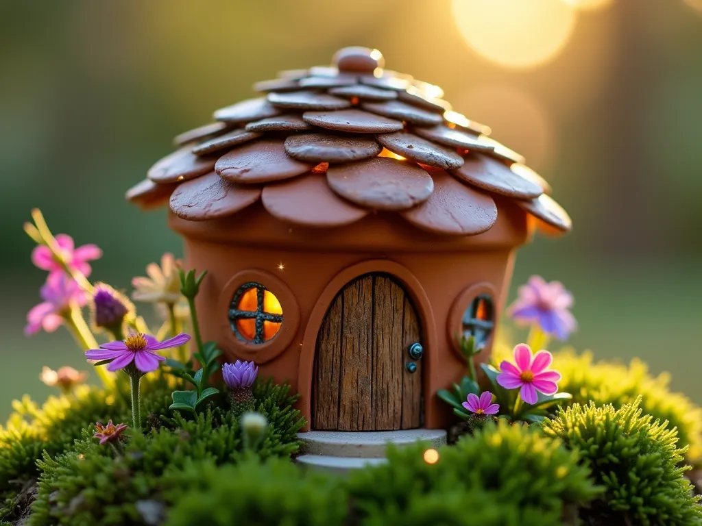 Whimsical Terra Cotta Fairy House - A charming side-lying terra cotta pot transformed into a fairy house, nestled in a garden setting. The pot features a tiny wooden-textured door made from brown craft foam, circular windows created from vintage-style bottle caps, and a natural roof crafted from overlapping pine cone scales. The house is surrounded by lush green moss and decorated with miniature pink and purple wildflowers. Soft, ethereal lighting creates a magical atmosphere, with small twinkling lights suggesting fairy presence. Close-up photographic style with shallow depth of field, captured during golden hour.