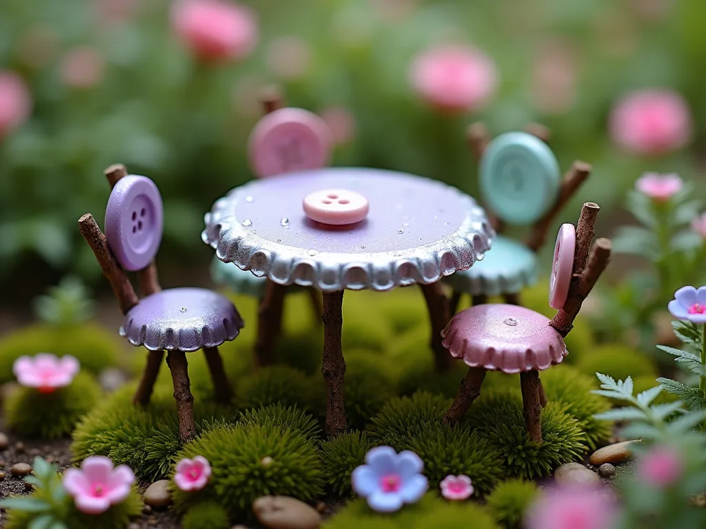 Whimsical Bottle Cap Fairy Dining Set - A close-up, magical scene of a miniature fairy garden dining area, featuring handcrafted furniture made from colorful bottle caps. The main table is a silver bottle cap turned upside down, supported by delicate twigs as legs, painted in shimmering lavender. Surrounding the table are tiny chairs made from smaller pink and mint green bottle caps and vintage buttons. The setting is decorated with tiny moss patches and miniature wildflowers, with soft, ethereal lighting and morning dew drops adding sparkle. A few scattered rose petals and delicate fern fronds frame the scene, creating a dreamy, enchanted atmosphere. Photorealistic style with shallow depth of field.