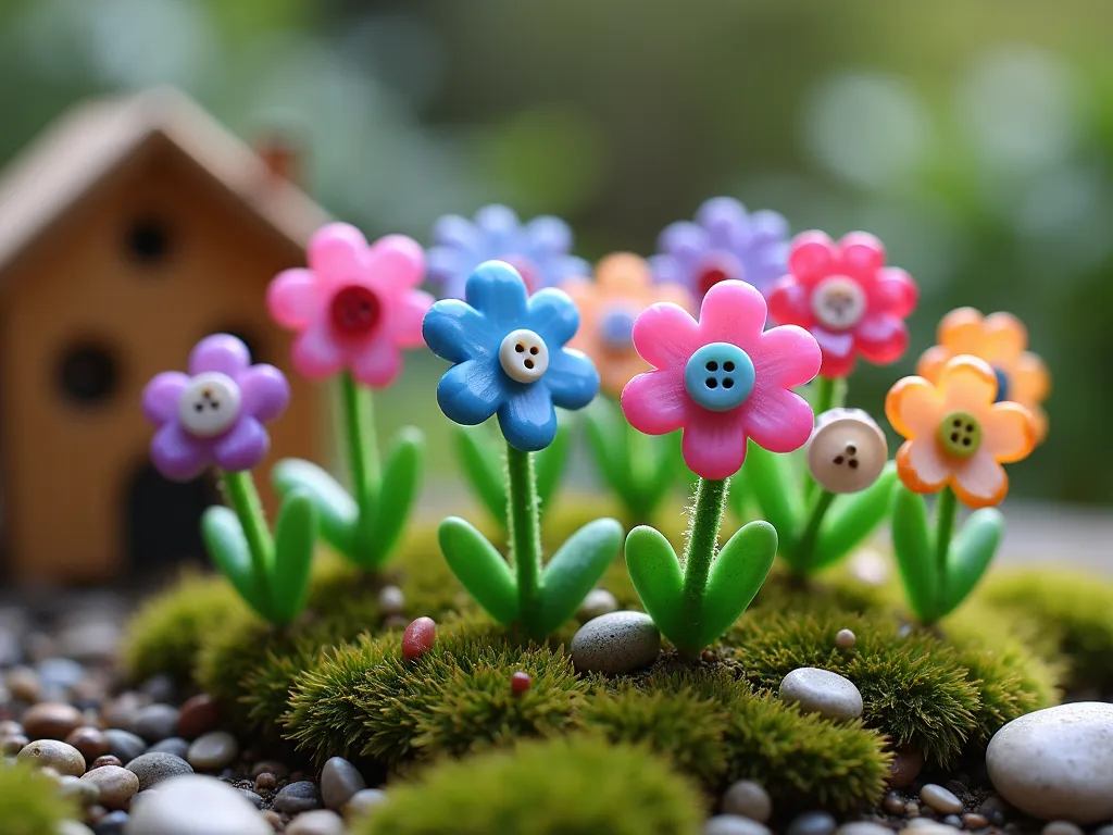 Whimsical Button Flower Garden Display - A charming miniature fairy garden scene featuring clusters of handcrafted flowers made from vibrant buttons in pink, blue, purple, and yellow. The buttons are mounted on emerald green pipe cleaners creating delicate stems, arranged artistically among tiny moss patches and miniature pebbles. The scene is captured in soft, magical lighting with a shallow depth of field, creating a dreamy atmosphere. Some buttons have pearlescent finishes that catch the light, while others feature intricate patterns. A small wooden fairy house is visible in the background, partially obscured by the button flower arrangement. Photorealistic style.