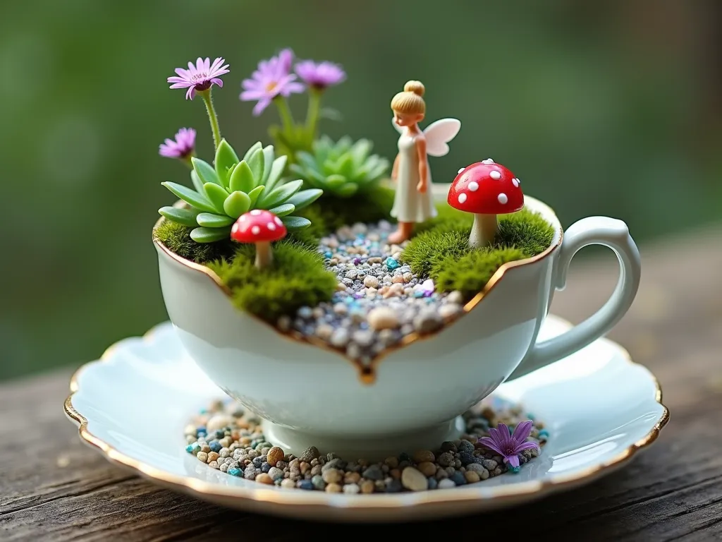 Whimsical Teacup Fairy Garden - A delicate white ceramic teacup transformed into a magical fairy garden, photographed from a slightly elevated angle. Inside, tiny green succulents and moss create a lush miniature landscape. Small red and white spotted mushrooms dot the scene, while delicate purple and pink miniature flowers bloom throughout. A winding path made of iridescent aquarium gravel leads to a tiny fairy figurine in a flowing dress, sitting on the teacup's rim. Soft, ethereal lighting creates a magical atmosphere, with subtle sparkles and a shallow depth of field that adds dreamlike quality. The teacup sits on a matching saucer adorned with small crystals and pebbles.