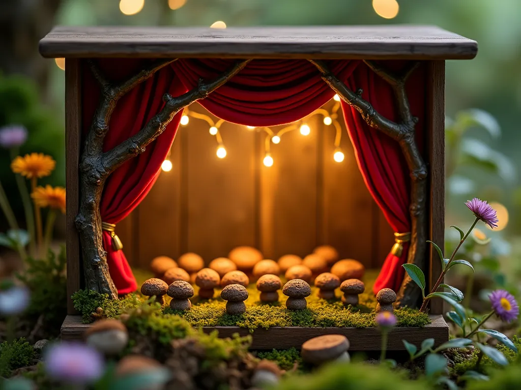 Enchanted Woodland Fairy Theatre - A magical miniature woodland theatre scene at twilight, crafted in a small decorative wooden box. Rich red velvet curtains drape elegantly from tiny branches, with delicate fairy lights twinkling above. Rows of acorn cap seats are arranged in a semicircle, filled with tiny woodland creatures as the audience. Moss and tiny mushrooms line the stage floor, while diminutive LED spotlights cast a warm, ethereal glow across the scene. Small wildflowers and ferns frame the theatre entrance, creating a whimsical forest atmosphere. Photorealistic, depth of field, magical lighting, cinematic composition.