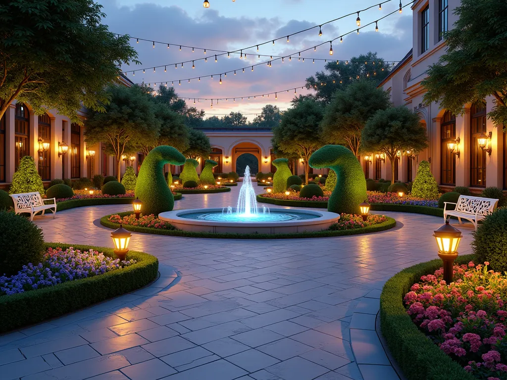 Disney Animation Inspired Garden Sanctuary - A whimsical garden courtyard at twilight, featuring illuminated topiary sculptures shaped like classic Disney characters casting magical silhouettes. Curved pathways lined with glowing flowers wind through different themed sections, each representing different Disney animation eras. White marble benches with hand-drawn artistic details complement art deco style lampposts. A central fountain features water streams that create flowing animation-like patterns. Beautifully manicured hedges are trimmed to resemble animation cel frames, while colorful flowerbeds create a painterly effect. String lights overhead create a starry effect, with Mickey Mouse shaped light patterns dancing on the garden walls. Shot from a wide angle perspective to capture the entire magical scene, with golden hour lighting creating a dreamy atmosphere. Photorealistic, magical, artistic, 4K quality.