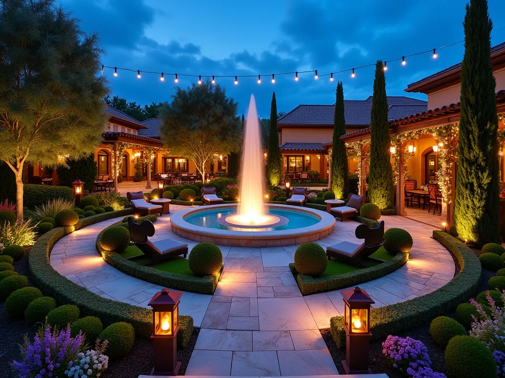 Enchanted Disney Springs Garden Retreat - A captivating twilight wide-angle shot of a luxurious backyard garden inspired by Disney Springs, photographed with a 16-35mm lens at f/2.8, ISO 400. The space features elegant stone pathways winding through meticulously manicured topiary gardens with Mickey-shaped shrubs. A central circular plaza showcases a grand illuminated fountain with dancing water jets. Contemporary outdoor lounging areas with plush seating are nestled among flowering magnolia trees and ornamental grasses. Warm ambient lighting from Mediterranean-style lanterns creates a magical atmosphere. String lights criss-cross overhead between pergolas draped in climbing jasmine. Mediterranean cypress trees line the perimeter, while colorful flower beds featuring lavender, roses, and hydrangeas add whimsical charm. Modern fire features and small intimate dining spaces are thoughtfully placed throughout. The scene is photographed during the blue hour, capturing the interplay between natural twilight and carefully placed landscape lighting.