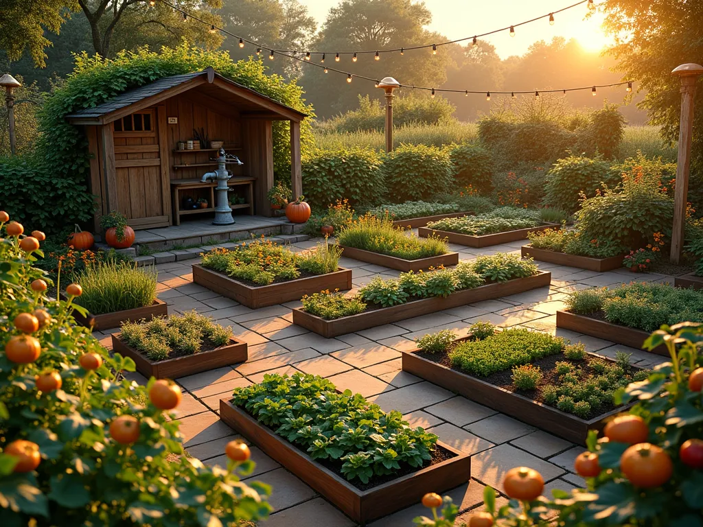 Organized Grid Garden at Sunset - A beautifully organized garden layout photographed at golden hour, featuring a geometric grid pattern with raised beds arranged in perfect squares. The garden showcases neat rows of colorful crops including pumpkins, tomatoes, and herbs, separated by wide, stone-paved pathways. A rustic wooden storage shed sits at one corner with vintage gardening tools displayed, while a charming iron water pump station stands centrally. String lights crisscross overhead, casting a warm glow on the orderly plots. A wooden archway covered in climbing vegetables marks the entrance, with weathered wooden signs marking different crop sections. The garden is photographed from a slightly elevated angle to showcase the pristine grid pattern and efficient use of space. In the background, magical fantasy-inspired elements like glowing mushrooms and enchanted flowering vines add a subtle Disney touch. The entire scene is bathed in warm sunset light, creating long shadows that emphasize the geometric design.