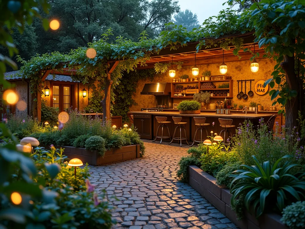 Enchanted Culinary Garden at Twilight - A whimsical kitchen garden at twilight, photographed in wide angle, featuring raised garden beds arranged in a circular pattern around a central stone cooking station. Herb gardens glow with subtle magical lighting, containing basil, thyme, and rosemary bordered by luminescent mushrooms. Mediterranean, Asian, and French-inspired crop sections are marked by ornate wooden signs with gold lettering. A cobblestone path winds through the garden, leading to a cozy dining nook with a wrought iron table and chairs draped in fairy lights. Vintage copper cooking utensils hang from an overhead pergola covered in climbing jasmine. Ratatouille ingredients grow in one section, while ethereal butterflies float among the plants. The scene is bathed in a warm golden twilight glow, with small magical sparkles floating in the air.