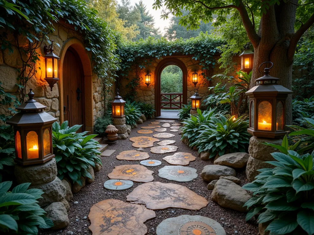 Enchanted Explorer's Garden Path - A magical garden pathway at twilight with stone lanterns casting a warm glow, featuring weathered treasure maps and antique compasses embedded in mosaic stepping stones. Exotic plants like bird of paradise and Japanese maples line the winding path, while hidden archways covered in climbing jasmine lead to secret garden rooms. Ancient-looking stone artifacts and explorer's tools are tastefully placed among lush ferns and tropical foliage. A mysterious wooden bridge crosses over a small koi pond, with hanging lanterns creating mysterious shadows. Shot from a low angle perspective to emphasize the sense of adventure and discovery, with soft golden hour lighting filtering through the canopy.