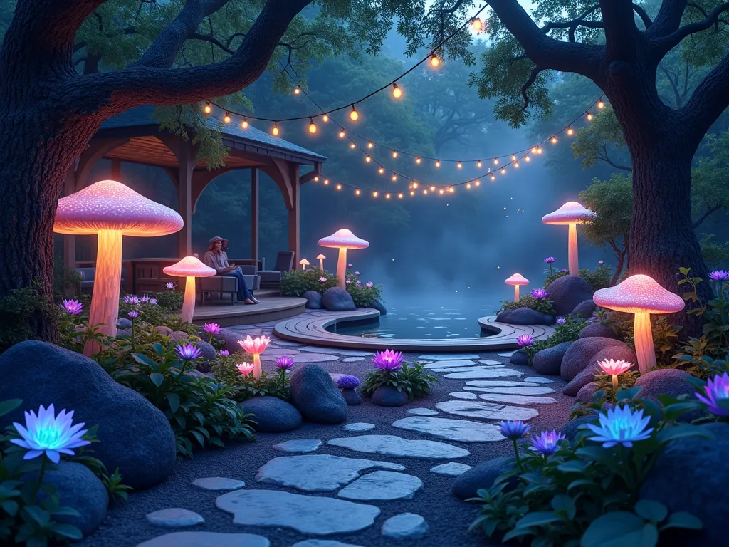 Mystical Forest Meditation Garden at Twilight - A magical twilight garden scene with a winding stone pathway leading to a cozy meditation nook. Large bioluminescent mushrooms in ethereal blue and purple hues illuminate the path. The space features a circular wooden deck platform surrounded by mystical flowers like glowing moonflowers and crystal-like blooms. A small cascading waterfall flows into a serene pond with floating lotus flowers. Fairy lights are strung between ancient-looking trees, creating a dreamy canopy. In the center, plush outdoor meditation cushions and a wooden bench provide comfortable seating. The garden is photographed from a slightly elevated angle to capture the entire enchanted layout, with soft fog rolling across the ground and fireflies dancing in the air. Realistic photographic style with magical fantasy elements.