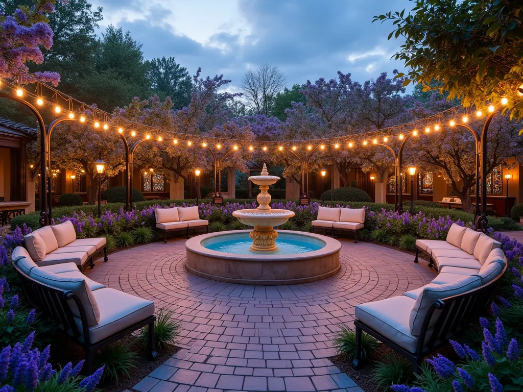 Enchanted Friendship Plaza Garden at Twilight - A magical circular garden plaza at twilight, photographed with a wide-angle lens capturing the entire space. Central focal point features an ornate stone fountain decorated with Disney-inspired motifs. Surrounding the fountain are curved stone benches with plush cushions arranged in conversational groupings. The plaza is encircled by raised flower beds containing lavender, roses, and luminous moonflowers. Warm fairy lights are strung overhead in graceful arcs between decorative lamp posts. Memory-themed elements include whimsical photo frames suspended from wrought iron arches and crystal-like formations that catch the evening light. The garden is bordered by flowering cherry trees and wisteria-covered pergolas, creating intimate seating nooks. The twilight atmosphere is enhanced by glowing lanterns and subtle ground lighting, creating a dreamy, ethereal ambiance. Shot with a 16-35mm lens at f/2.8, ISO 400, capturing the magical interplay of natural and artificial light.