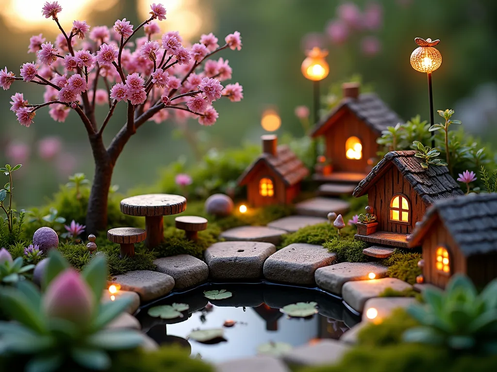 Enchanted Pixie Hollow Garden at Twilight - A magical miniature fairy garden photographed at twilight with a DSLR wide-angle lens, set in a secluded corner of a backyard garden. Delicate pink and purple fairy flowers cascade over tiny stone pathways, while handcrafted miniature wooden furniture, including a diminutive bench and table, rest beneath a dwarf weeping cherry tree. Soft, warm LED lights are woven through miniature trellises, creating a ethereal glow. Small mushroom houses with glowing windows dot the landscape, surrounded by tiny succulents and moss-covered stones. Crystal decorations catch the fading sunlight, creating rainbow prisms throughout the scene. A delicate fairy bridge spans a miniature pond filled with water lilies, while butterfly-shaped solar lights flutter above on copper stems. The garden features multiple levels created with natural stone terracing, each level hosting its own magical vignette. The entire scene is captured with perfect depth of field at f/8, ISO 100, showcasing every enchanting detail in the fading golden hour light.