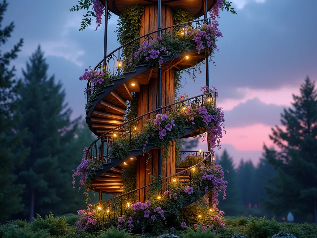 Enchanted Vertical Garden Tower at Dusk - A magical vertical garden tower photographed at dusk, with soft ambient lighting illuminating multiple tiers of flowering plants. The structure features ornate wrought iron spiral stairs winding around a central wooden column, with each level hosting cascading morning glories, wisteria, and climbing roses. Crystal-like solar lights are integrated throughout, creating a dreamy, ethereal atmosphere. The tower stands 12 feet tall against a twilight sky, with trailing fairy lights intertwined among the foliage. Shot from a low angle perspective to emphasize height and grandeur, with the bottom portion showing lush ferns and delicate ground cover. Photorealistic, high detail, magical atmosphere, Disney-inspired architecture