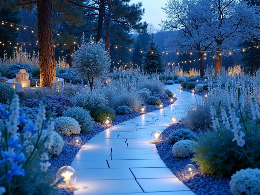 Ethereal Frozen Crystal Garden at Twilight - A stunning twilight capture of an enchanted garden pathway, photographed with a wide-angle lens creating depth and perspective. The winding white marble pathway is lined with illuminated ice-blue delphiniums and white foxgloves, their silhouettes creating a magical foreground. Crystal gazing balls and translucent garden sculptures catch the last light, creating prismatic reflections. Cool LED ground lighting casts an ethereal blue glow across the scene, while delicate white string lights draped overhead create a starry canopy effect. Frost-touched ornamental grasses and white hydrangeas add texture, while strategically placed mirror-finish garden orbs reflect the ambient light. The garden features a central crystal-inspired water feature with gentle cascades, its surface catching the blue twilight sky. Japanese forest grass and white astilbe create a soft, misty groundcover effect, enhancing the magical atmosphere. Shot at f/8 for optimal depth of field, capturing the interplay of natural and artificial lighting in this Frozen-inspired garden sanctuary.