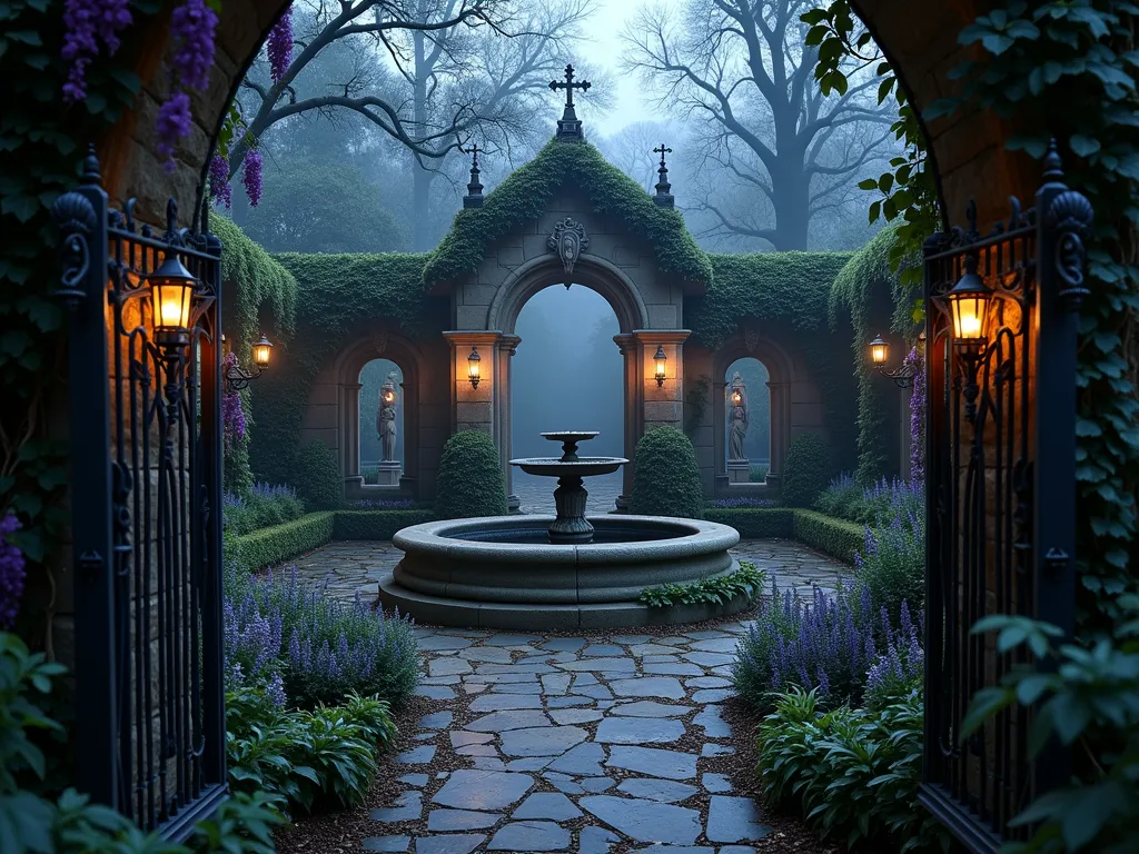 Gothic Garden at Twilight - A twilight photograph of a haunting yet sophisticated garden design, captured with a wide-angle 16-35mm lens at f/2.8, ISO 400. Wrought iron gates frame the entrance, where moss-covered gothic stone archways lead to a misty garden path. Weathered angel statues and gargoyles peek through climbing moonflowers and dark purple wisteria. Victorian-style gas lanterns cast an ethereal glow, creating dramatic shadows among perfectly manicured black roses and dark foliage. A vintage stone fountain with dark water serves as the centerpiece, surrounded by silver-leaved artemisia and deep purple salvias. Strategically placed uplighting illuminates twisted old trees, while wispy fog rolls across the ground, creating a mysterious atmosphere that perfectly balances elegance with supernatural elements.