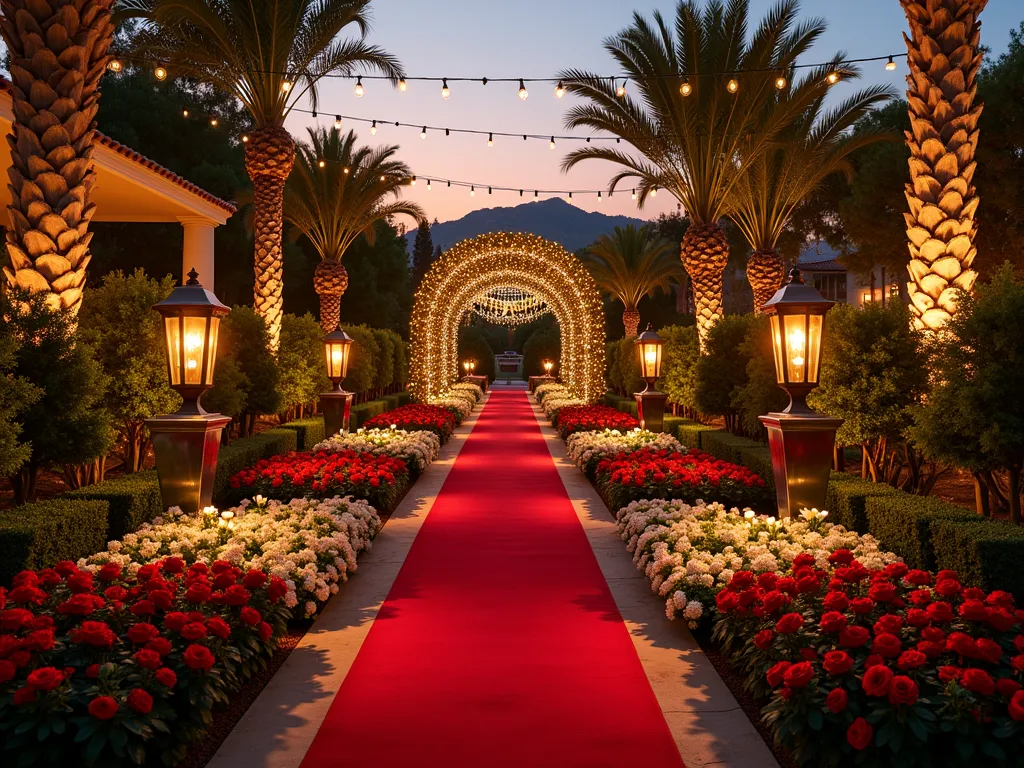 Hollywood Glamour Garden at Twilight - A luxurious garden pathway illuminated by elegant string lights and golden lanterns at twilight, featuring star-shaped flower beds filled with red roses and white lilies. The main pathway is designed like a red carpet, lined with uplighted palm trees and metallic art deco planters. In the background, a curved pergola adorned with climbing jasmine and twinkling lights creates a dramatic Hollywood backdrop. The garden includes illuminated water features with floating star-shaped lights, while classic rose bushes and silver-foliaged plants add sophisticated touches. Shot from a dramatic wide angle perspective capturing the golden hour atmosphere, with the setting sun casting long shadows across the glamorous landscape.