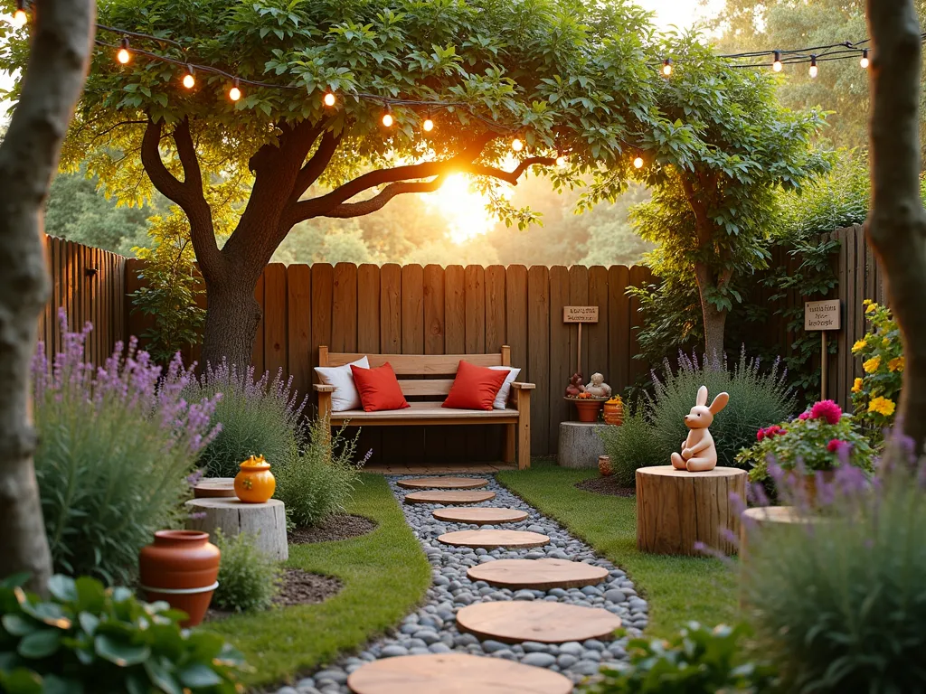 Whimsical Hundred Acre Wood Inspired Garden Nook - A cozy garden nook at golden hour, photographed with a wide-angle lens capturing a whimsical Winnie the Pooh inspired outdoor space. Central focus on a handcrafted wooden reading bench nestled under a blooming honey locust tree, surrounded by flowering meadow sage and lavender. Vintage ceramic honey pots line curved stepping stones, while handpainted woodland creature decorations peek out from lush ferns and wild flowers. Warm sunset light filters through the leaves, creating a magical atmosphere. Rustic wooden signs with Pooh quotes point to different garden areas. String lights draped overhead add enchantment, while plush cushions in warm honey and red tones adorn the seating area. Natural log stools and weathered tree stumps serve as additional seating, with climbing English ivy adding storybook charm to wooden trellises. DSLR shot at f/8, ISO 100, 1/125 sec for perfect detail and atmosphere.