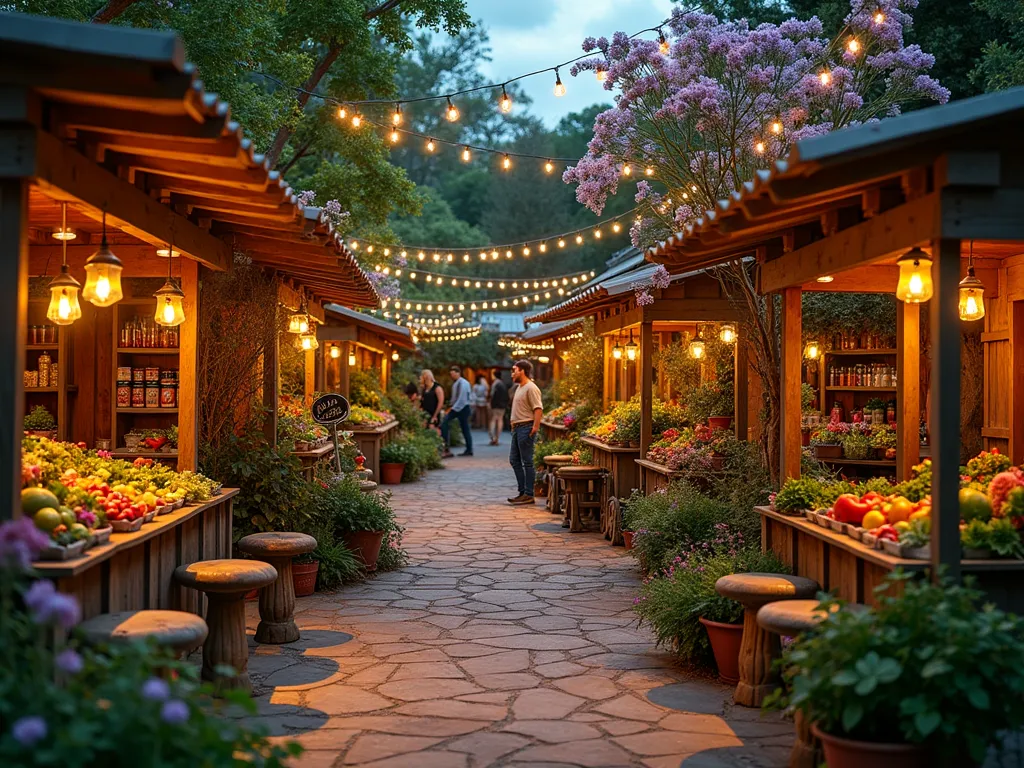 Enchanted Market Garden at Twilight - A DSLR wide-angle shot of a whimsical garden marketplace at twilight, featuring rustic wooden stalls adorned with hanging lanterns emitting a warm golden glow. Stone pathways wind through raised garden beds bursting with colorful vegetables and magical flowering plants. Vintage market carts display fresh harvests while fairy lights string overhead between ornate lampposts. Cozy seating areas with wrought iron benches and mushroom-shaped stools are nestled among flowering archways. The scene is captured at f/8 with natural lighting complemented by the magical evening ambiance, showing vendors and visitors gathering in this enchanted trading space surrounded by blooming wildflowers and herb gardens.