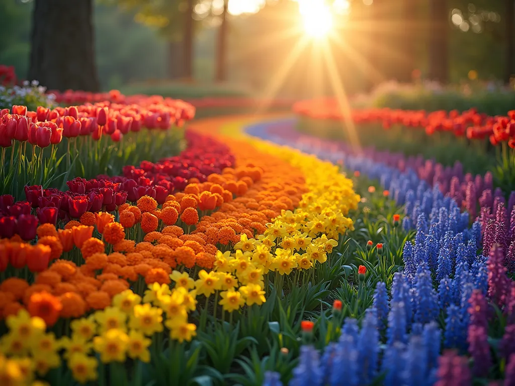 Magical Rainbow Flower Garden at Twilight - A enchanting curved garden bed photographed during the golden hour, showcasing a perfect rainbow gradient of flowers from red to violet. The garden features sweeping curves with layered heights, starting with red tulips, transitioning to orange marigolds, yellow daffodils, green bells of Ireland, blue delphiniums, indigo lupines, and ending with purple verbena. Soft twilight illuminates the flowers while fairy lights twinkle throughout the garden. Captured with a wide-angle lens to show the full curved rainbow pattern, with magical bokeh effects and gentle mist adding to the Disney-inspired atmosphere. Shot at f/2.8 for dreamy background blur, with the golden hour sun creating magical light rays through the scene.