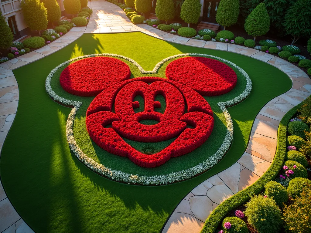 Mickey Mouse Garden Design at Sunset - A stunning aerial view of a perfectly manicured Mickey Mouse-shaped garden bed at golden hour, featuring vibrant red begonias forming Mickey's face against fresh green lawn. The iconic mouse ears and face are meticulously crafted with densely packed red flowers, while a border of pristine white alyssum creates a magical glowing outline. Stone pathways curve naturally around the design, with ornamental topiaries and flowering shrubs framing the scene. Soft sunset light casts long shadows across the garden, while subtle landscape lighting begins to illuminate the Mickey-shaped masterpiece. The garden is photographed from a slightly elevated angle to showcase the complete design, with the surrounding landscape featuring classic garden elements and Disney-inspired decorative touches. Shot with atmospheric depth and professional clarity, capturing the enchanting blend of horticultural artistry and Disney magic.