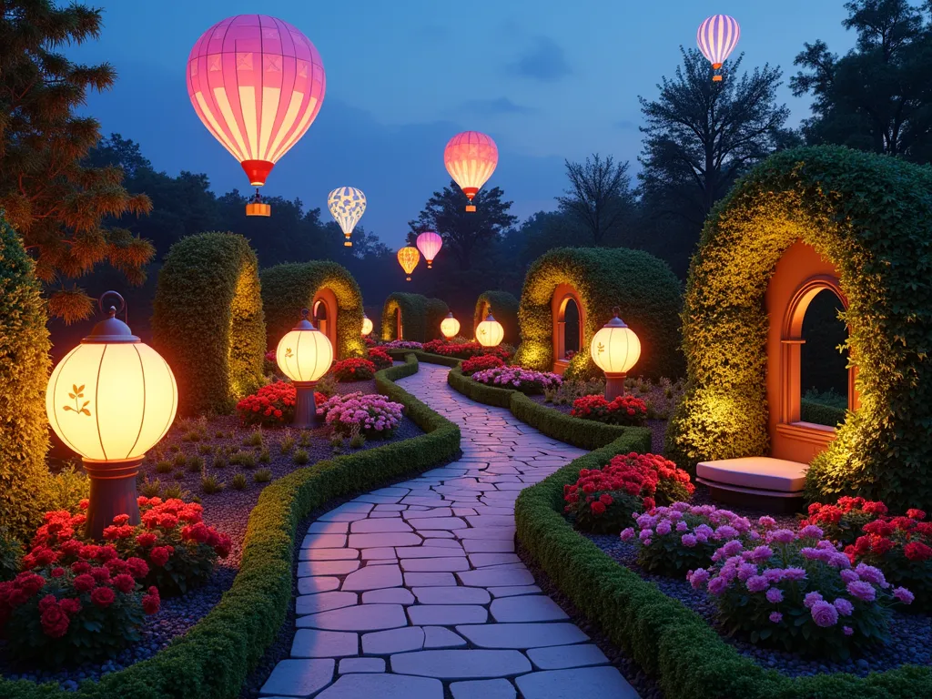 Whimsical Pixar-Themed Garden Sanctuary - A magical twilight garden scene featuring a winding pathway lined with illuminated Up-inspired floating balloon lanterns and Toy Story cloud-pattern walls. The focal point showcases a life-sized Luxo Jr. lamp sculpture artfully positioned over vibrant flower beds arranged in the Pixar ball's iconic blue, yellow, and red color scheme. Round topiaries trimmed to resemble Mike Wazowski complement weathered copper archways entwined with climbing roses and twinkling fairy lights. A cozy seating area features Finding Nemo-inspired coral-shaped benches surrounded by bubbling water features and bioluminescent plants. The garden is photographed at dusk with the lanterns and lighting features creating a magical glow, captured in stunning 8K resolution with perfect depth of field showing both detail and context. Shot from a lower angle to emphasize the magical atmosphere and scale of the decorative elements.