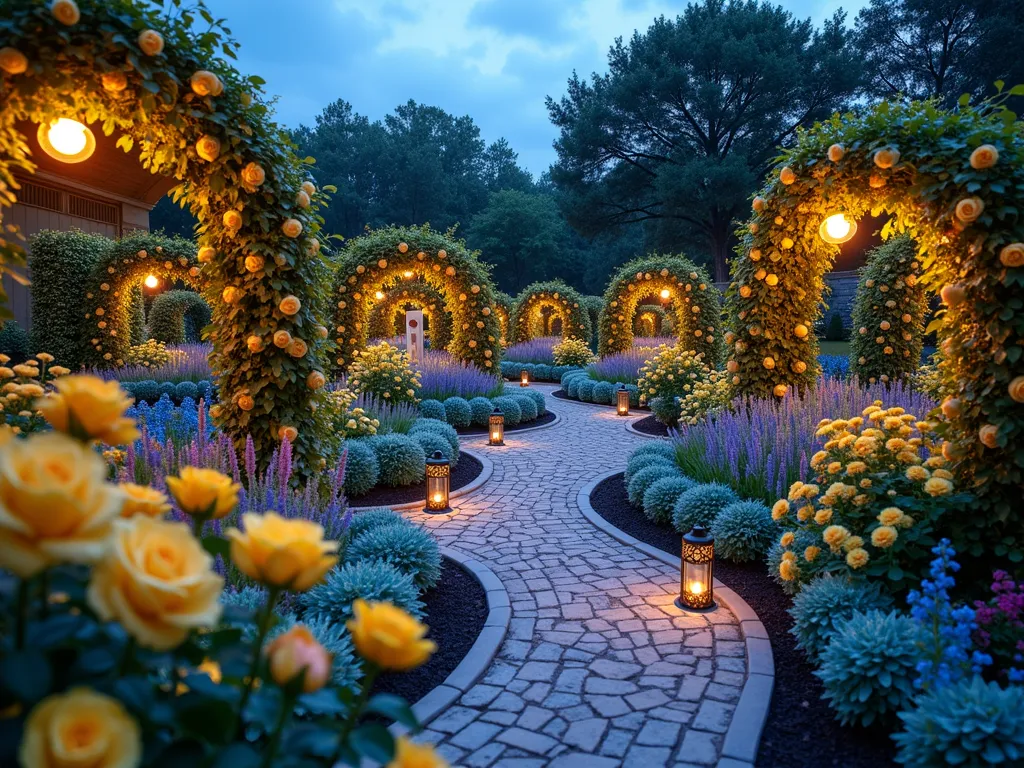 Princess-Themed Garden Zones at Twilight - A breathtaking wide-angle twilight photograph of an enchanted garden divided into three distinct royal sections. In the foreground, Belle's zone features cascading yellow rose arbors and golden pathway lights. The middle section showcases Ariel's maritime garden with blue delphiniums, seafoam-green ornamental grasses, and iridescent shell decorations around a small ornate fountain. Aurora's split-designed area in the background features a gradient of pink and blue flowers, including pink peonies and blue hydrangeas, separated by a decorative white fence. Twinkling fairy lights and ornate Disney-inspired lanterns illuminate the paths between zones. The garden is photographed during the magical blue hour, with soft ambient lighting highlighting the distinct color transitions between each princess-themed section. Crystal gazing balls and delicate metallic garden sculptures accent each area, creating a sophisticated Disney-inspired outdoor sanctuary. Shot with stunning depth of field, capturing rich details from the foreground roses to the background lighting.