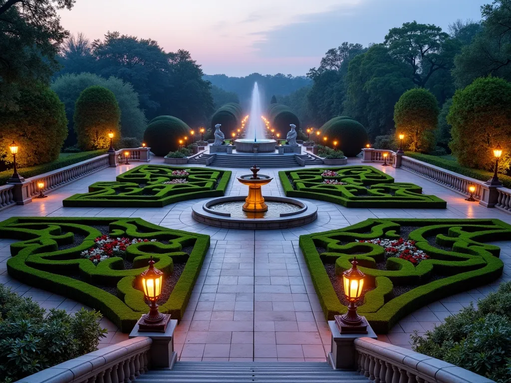 Royal Castle Garden at Dusk - A grand, symmetrical formal garden at dusk with magical ambient lighting. A majestic stone fountain serves as the centerpiece, surrounded by meticulously trimmed topiary sculptures in the shapes of Disney characters. Perfectly manicured hedges form an intricate maze pattern leading to the fountain. Twin rose gardens with climbing trellises flank the main ceremonial walkway, which is lined with ornate lanterns casting a warm glow. Classical marble statues and geometric flower beds filled with red and white roses create perfect symmetry. Stone balustrades and sweeping garden steps add architectural grandeur. The scene is captured in a wide-angle shot that shows the complete formal layout, with the garden's paths converging at the illuminated fountain. Soft twilight sky adds a magical atmosphere, while fairy lights twinkle throughout the garden.