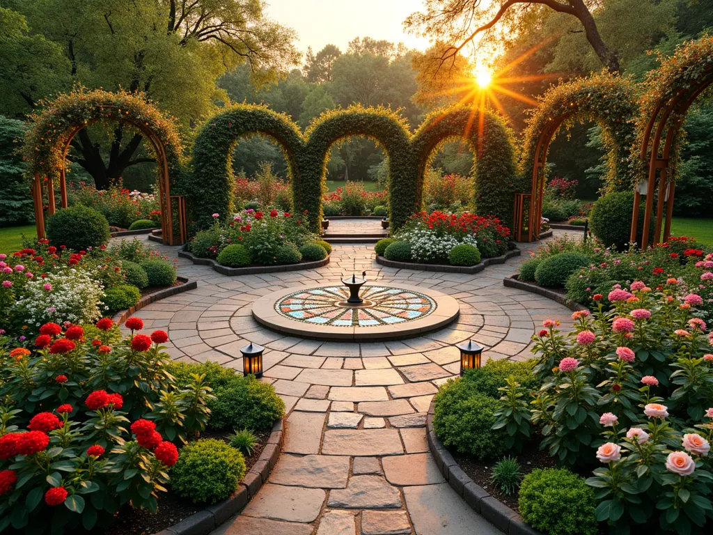 Seasonal Festival Garden with Rotating Color Displays - A stunning wide-angle DSLR photograph of a whimsical garden at golden hour, featuring a circular garden design with distinct seasonal quadrants. The garden showcases vibrant flower beds transitioning through spring tulips, summer roses, autumn chrysanthemums, and winter hellebores. Ornate garden arches mark the transitions between seasons, draped with climbing vines and twinkling fairy lights. A central gathering space features a decorative sundial surrounded by colorful mosaic tiles. Curved pathways made of natural stone weave through the garden, bordered by flowering shrubs in various heights. Strategically placed garden lanterns cast a warm glow, while butterfly-attracting plants add movement. Shot at f/8 with natural lighting highlighting the rich tapestry of colors and textures. The perspective captures both the grand design and intimate details of this enchanting space.