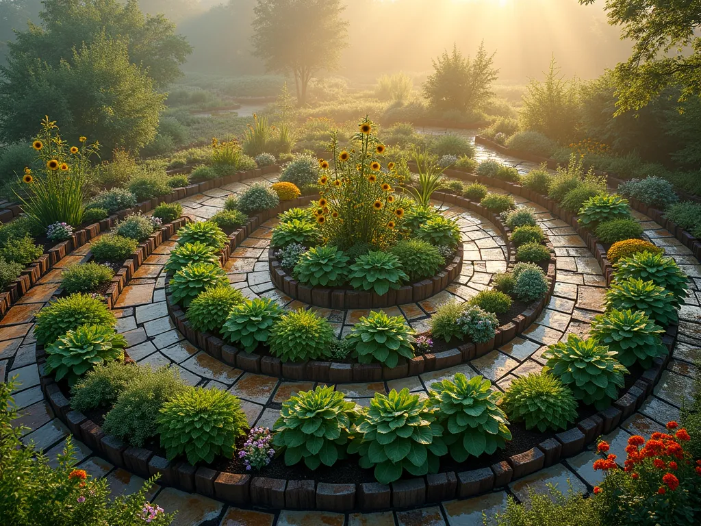 Spiral Garden at Dawn - A stunning aerial view of a meticulously designed spiral garden in early morning light, captured with soft golden rays filtering through morning mist. The spiral pattern starts from an elevated center with tall sunflowers and climbing vegetables on trellises, gracefully descending outward through terraced levels. Each concentric ring features a harmonious blend of vegetables and flowers: mid-height rainbow chard and purple kale interspersed with vibrant zinnias, transitioning to lower-growing herbs, marigolds, and lettuce varieties at the outer edges. Natural stone pathways wind between the planted areas, their dew-covered surface glistening in the dawn light. The garden is bordered by rustic wooden edging that follows the spiral's curve, creating a cohesive design that appears both productive and enchanting. Shot from a 45-degree angle to showcase the dimensional nature of the spiral pattern, with the background featuring a misty garden landscape. Photorealistic, highly detailed, warm morning lighting, with visible water droplets on leaves adding magical sparkle to the scene.