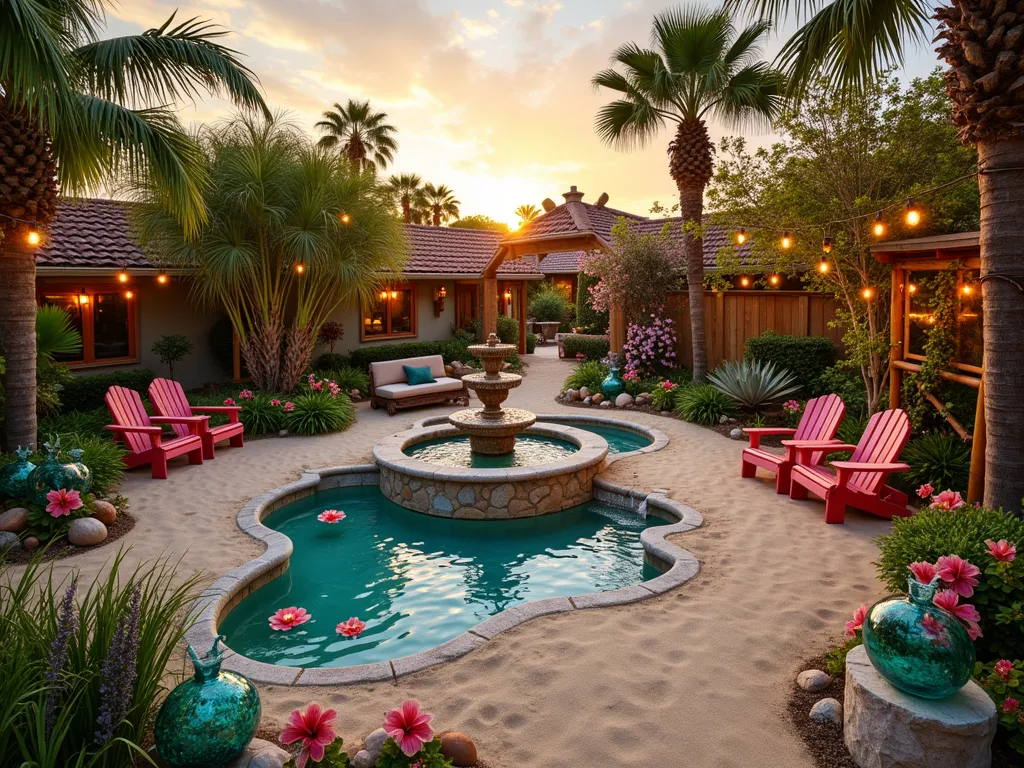 Tropical Coastal Paradise Garden at Sunset - A stunning wide-angle DSLR photo of a magical beachside garden at golden hour, captured with a wide-angle lens at f/8. The garden features winding sandy pathways bordered by swaying palm trees and vibrant hibiscus flowers. A charming stone fountain with seashell accents serves as the centerpiece, surrounded by tropical plants and maritime decorations. Weathered driftwood benches and coral-colored Adirondack chairs create cozy seating areas. Teal and turquoise glass floats hang from bamboo poles, while strings of warm white lights create a dreamy atmosphere. Small tidal pools with water lilies reflect the sunset sky, complemented by strategically placed conch shells and starfish decorations. Beach grass and sea lavender sway in the coastal breeze, while a rustic arch covered in climbing jasmine frames the garden entrance. The scene captures the whimsical fusion of Disney's oceanic themes with practical backyard garden design.