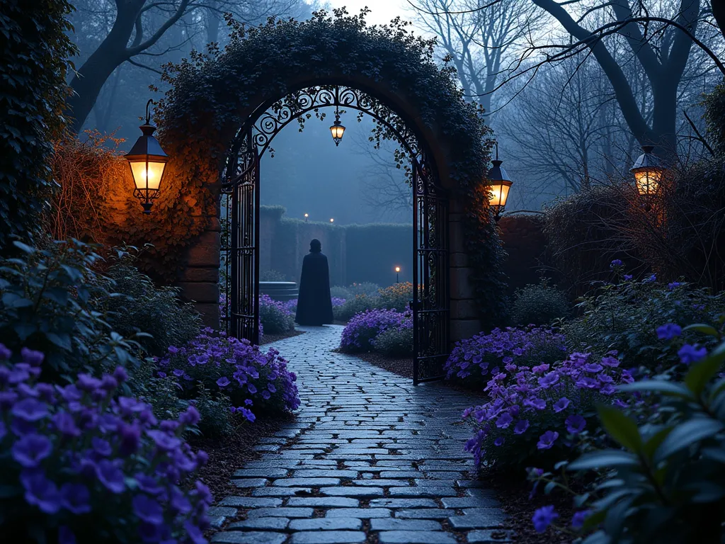 Enchanted Villains' Dark Garden at Dusk - A dramatic twilight garden scene captured with a wide-angle lens, featuring a winding cobblestone path through beds of deep purple and black flowers. Gothic-inspired wrought iron arches draped with thorny black roses and midnight-blue morning glories create an ominous yet elegant entrance. Tall, sculptural dark elderberry and purple smoke bushes loom in the background. Evil Queen's poisoned apple tree stands as a centerpiece, illuminated by vintage-style lanterns casting eerie shadows. Black ornamental grass and dark columbines sway in the foreground, while thorny brambles climb weathered stone walls. Dramatic uplighting highlights twisted branches and creates mysterious shadows, photographed with shallow depth of field at f/2.8, creating a dreamy, sinister atmosphere. Dark purple fountain grass and black mondo grass provide textural ground cover, with scattered mystical artifacts and potion bottles nestled among the foliage.