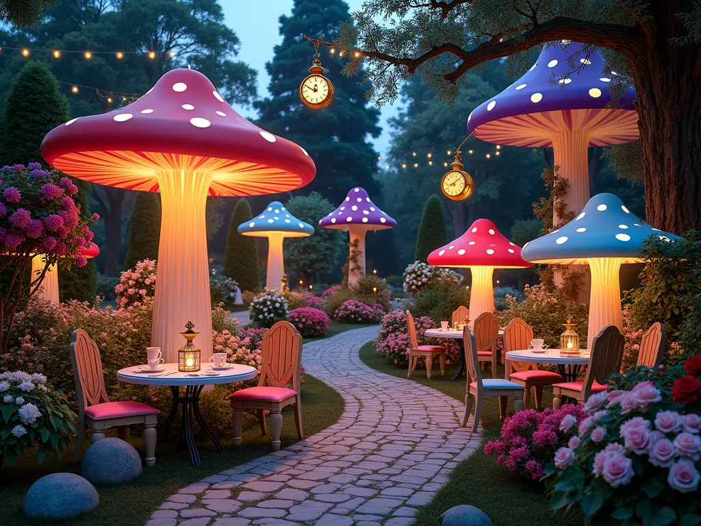 Whimsical Alice in Wonderland Garden Tea Party - A magical twilight garden scene featuring an enchanting tea party setup reminiscent of Alice in Wonderland, photographed in wide angle. A winding cobblestone path leads to a whimsical arrangement of vintage mismatched chairs and tables adorned with elegant tea sets and floating lanterns. Oversized illuminated mushrooms in red and white dots line the pathway, while giant fantasy flowers in vivid purple, blue, and pink tower overhead. Ornate golden clock faces hang from flowering tree branches, and strings of twinkling fairy lights create a dreamy atmosphere. The garden includes scattered playing cards, ornate bird cages, and pastel-painted rose bushes. Antique bronze candelabras and stacked teacups add to the magical ambiance, all set against a backdrop of manicured topiary and climbing ivy, photorealistic, highly detailed, magical lighting, 8k resolution.