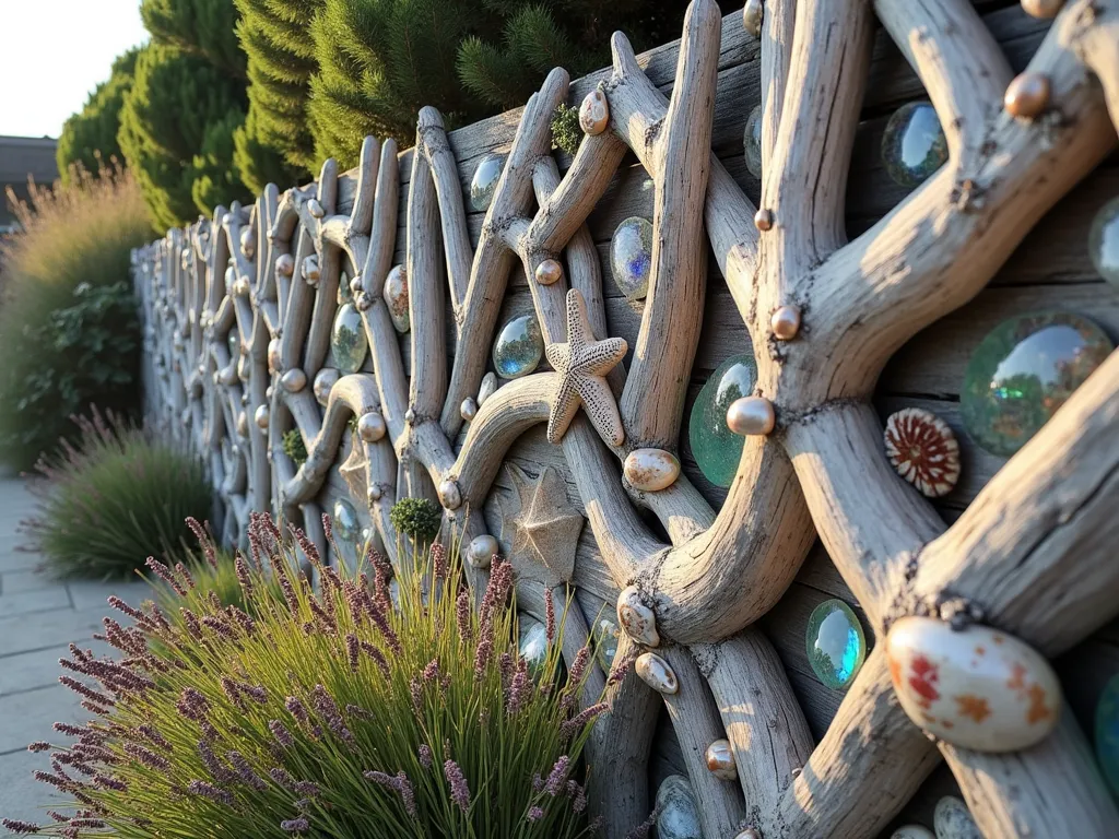 Coastal Memory Wall with Driftwood and Sea Treasures - A stunning outdoor garden wall decorated with naturally weathered driftwood pieces arranged in an artistic pattern, interspersed with iridescent sea glass, pearlescent seashells, and starfish. The wall has a rustic coastal aesthetic with varying sizes of silver-gray driftwood pieces creating a dimensional effect. Soft afternoon sunlight casts gentle shadows across the textured surface, making the sea glass sparkle. Small air plants and coastal succulents grow between some driftwood pieces, adding living elements to this beachcomber's art installation. The background shows glimpses of coastal grasses and sea lavender, creating a dreamy maritime atmosphere.