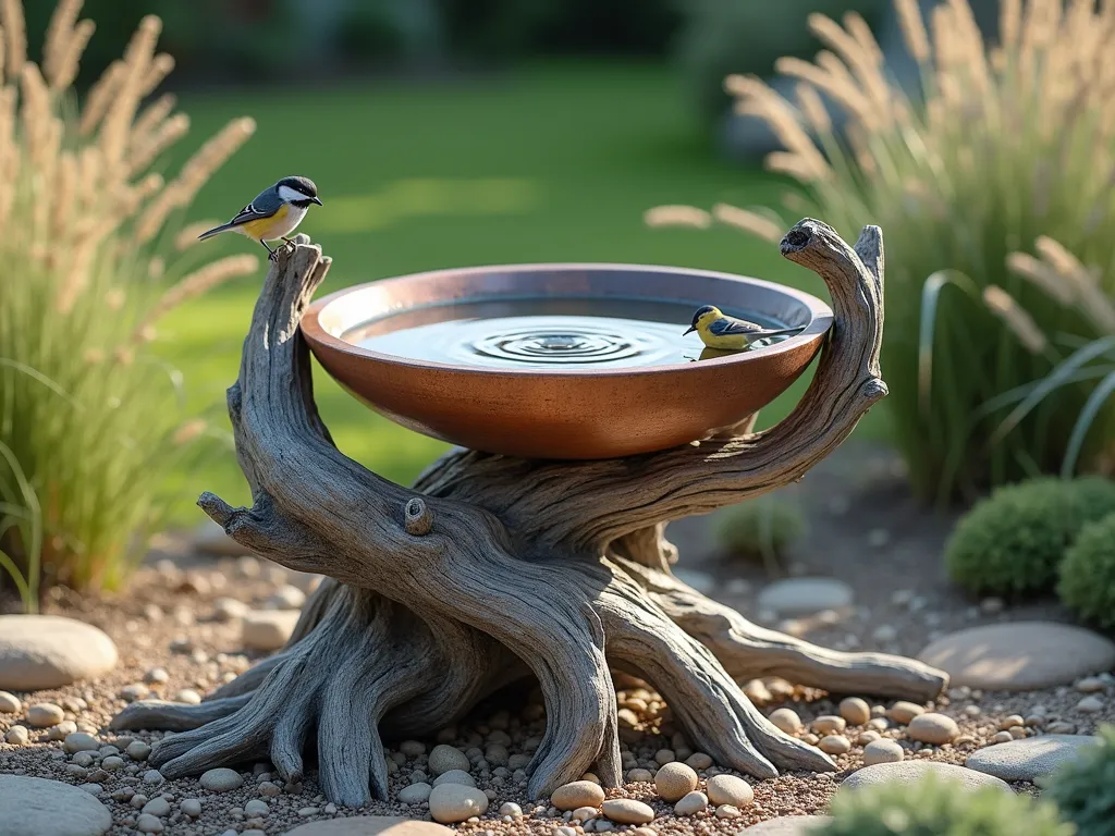 Natural Driftwood Bird Bath Sanctuary - A serene garden scene featuring an artistically curved piece of weathered driftwood supporting a shallow, copper-tinted basin bird bath. The driftwood's natural silver-gray patina contrasts beautifully with the water. Small river pebbles line the basin's bottom, glistening under clear water. Several smaller pieces of sculptural driftwood artfully arranged at the base create natural perches. Soft morning light filters through the scene, casting gentle shadows. A small chickadee perches on one of the driftwood branches, while another bathes in the shallow water. The surrounding area features soft, wispy ornamental grasses and natural stone ground cover, creating a peaceful, coastal-inspired garden vignette. Photorealistic style with attention to natural textures and morning dew drops.