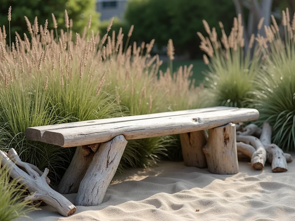 Driftwood Garden Meditation Bench - A serene garden scene featuring a handcrafted bench made from weathered driftwood logs as supports, topped with smooth wooden planks forming the seat. The bench is nestled against coastal grasses and surrounded by smaller artistic driftwood pieces. Soft natural lighting casts gentle shadows, while wispy beach grass and coastal flowers sway in the background. The scene has a weathered, natural aesthetic with muted beige and gray tones, creating a peaceful meditation spot with authentic coastal charm. Photorealistic, high detail, soft lighting.