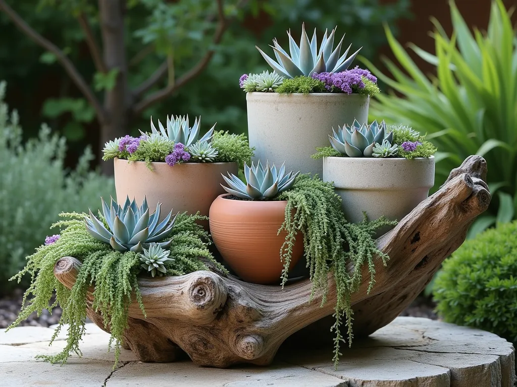 Driftwood Container Garden Display - A stunning outdoor garden vignette featuring a large, weathered piece of driftwood serving as a natural pedestal, surrounded by cascading plants. Multiple concrete and terracotta containers of varying heights are artfully arranged around and on the driftwood. Silver-gray trailing succulents, purple echeveria, and cascading ferns spill over the containers, creating a harmonious blend with the driftwood's organic curves. The scene is captured in soft natural lighting with shallow depth of field, highlighting the textural contrast between smooth pottery, rough driftwood, and delicate foliage. Photorealistic style.