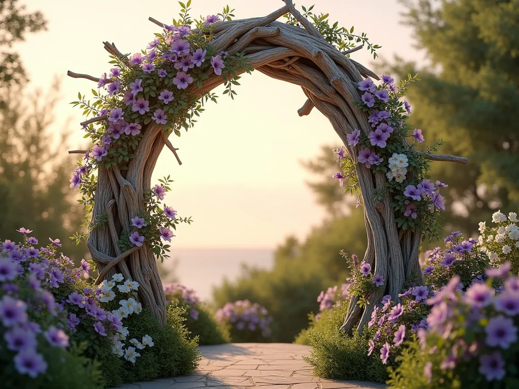 Enchanting Driftwood Garden Archway with Flowering Vines - A photorealistic elegant garden archway made from weathered driftwood pieces, standing 8 feet tall against a soft sunset sky. Large curved driftwood pieces form a natural arch, with smaller pieces artistically woven throughout. Purple clematis and white jasmine vines gracefully wind through the structure, creating a romantic entrance. The archway is surrounded by lush garden foliage with dappled sunlight filtering through the flowers and leaves. The driftwood maintains its natural silvery-gray patina, creating a stunning contrast with the vibrant flowering vines. Soft bokeh effect in background with a natural, coastal garden aesthetic.