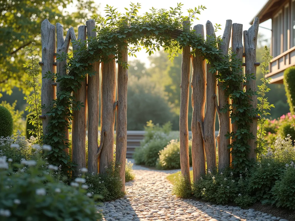 Driftwood Garden Room Divider with Climbing Vines - A stunning natural garden divider made from weathered, vertical driftwood pieces of varying heights, artfully arranged and connected by thin steel cables. The ethereal screen is partially covered with delicate climbing clematis and jasmine vines, creating a semi-transparent boundary between garden spaces. Soft natural lighting filters through the structure, casting intricate shadows on a pebbled path below. The driftwood pieces maintain their natural silvery-gray patina, while the climbing plants add bursts of green and subtle flower colors. Photorealistic, depth of field, golden hour lighting, high-end garden photography style.