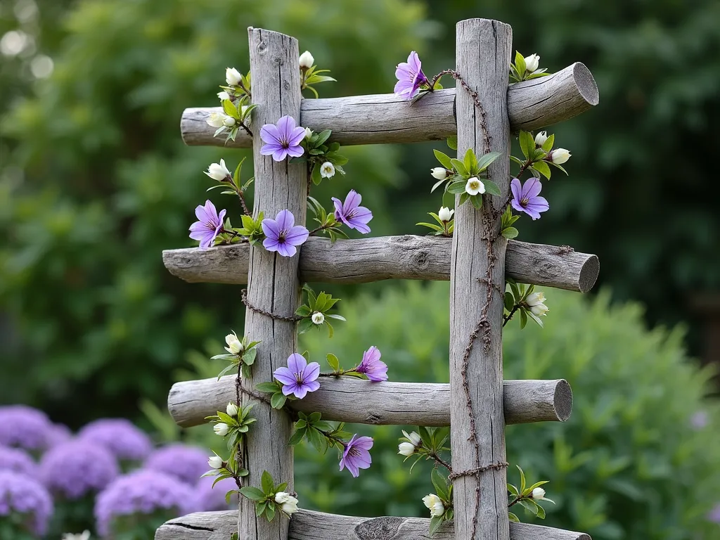 Natural Driftwood Garden Trellis with Climbing Vines - A rustic garden scene featuring a beautiful handcrafted trellis made from weathered driftwood pieces arranged in a ladder-like pattern, photographed in soft natural lighting. The gray-toned driftwood pieces are artfully connected, creating an organic vertical structure about 7 feet tall. Purple clematis and white jasmine vines gracefully wind their way up the natural wood framework, with some blooms cascading through the spaces. The trellis stands against a slightly blurred background of lush green garden foliage, creating depth. The weathered texture of the driftwood is clearly visible, highlighting its natural beauty and organic forms, shot in a dreamy cottage garden setting.