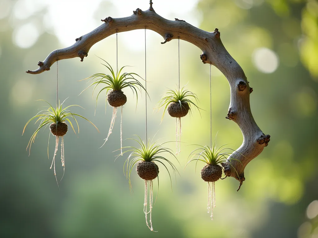 Ethereal Driftwood Air Plant Mobile - A stunning garden mobile crafted from weathered driftwood pieces suspended at different heights, with delicate Tillandsia air plants and trailing string of pearls cascading down. The natural, twisted driftwood pieces are connected by thin, barely visible wire, creating a floating effect against a soft, filtered sunlight background. The composition is artistically balanced, with the wood pieces arranged in a harmonious spiral pattern, casting gentle shadows. Several varieties of air plants nestle in the natural grooves of the silver-gray driftwood, while some hang freely from delicate strings, gently swaying in the breeze. Photographic style: soft natural lighting, shallow depth of field, fine art photography.