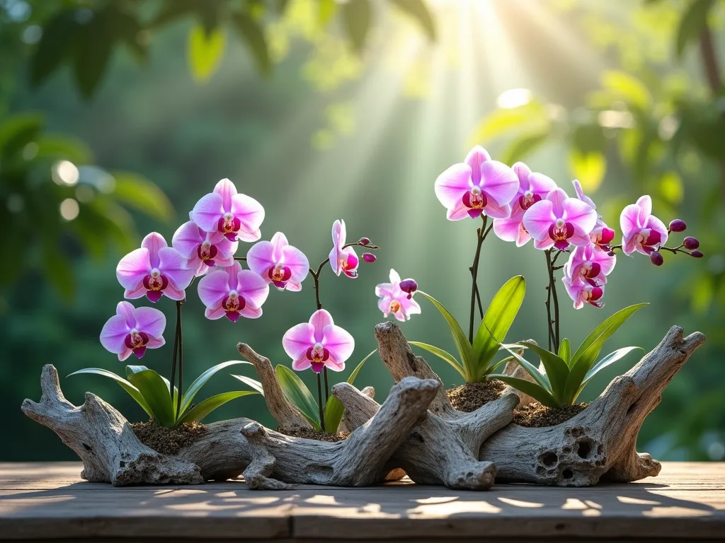 Elegant Driftwood Orchid Display - A stunning photorealistic close-up of exotic orchids naturally mounted on weathered grey driftwood pieces, arranged at varying heights against a soft-focus tropical background. Multiple purple and white Phalaenopsis orchids cascade down the textured driftwood, their aerial roots naturally gripping the wood's surface. Dappled sunlight filters through overhead foliage, creating a magical forest atmosphere. The driftwood pieces are artistically positioned to create depth, with some orchids in full bloom and others showing delicate buds. The natural textures of the bleached driftwood contrast beautifully with the orchids' vibrant blooms, 4k quality, botanical art style