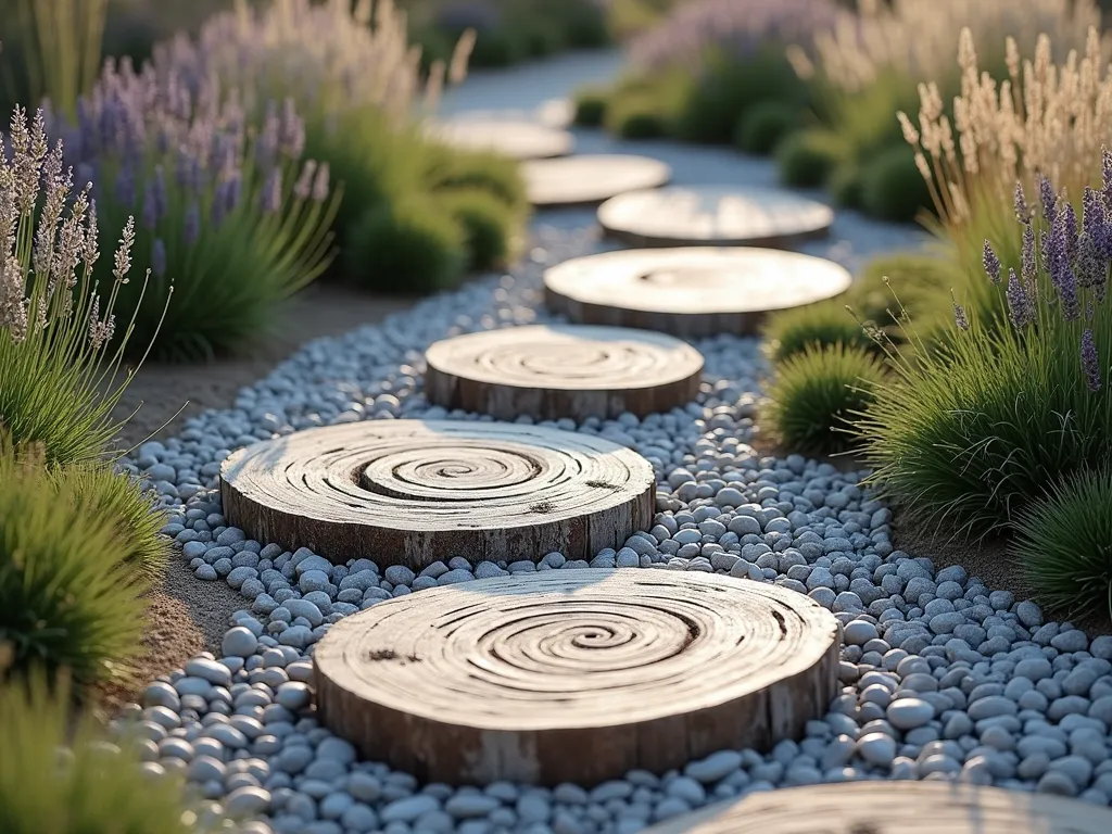 Driftwood Garden Path with Natural Stepping Stones - A winding garden path made of round, weathered driftwood slices embedded in a bed of light gray pebbles and small stones, surrounded by coastal grasses and lavender. The driftwood stepping stones are artfully arranged in a natural flowing pattern, with some pieces showing their distinctive wood grain patterns and silvery patina. Soft afternoon sunlight casts gentle shadows across the path, while ornamental grasses sway gently in the background. Photorealistic, high detail, landscape photography style.