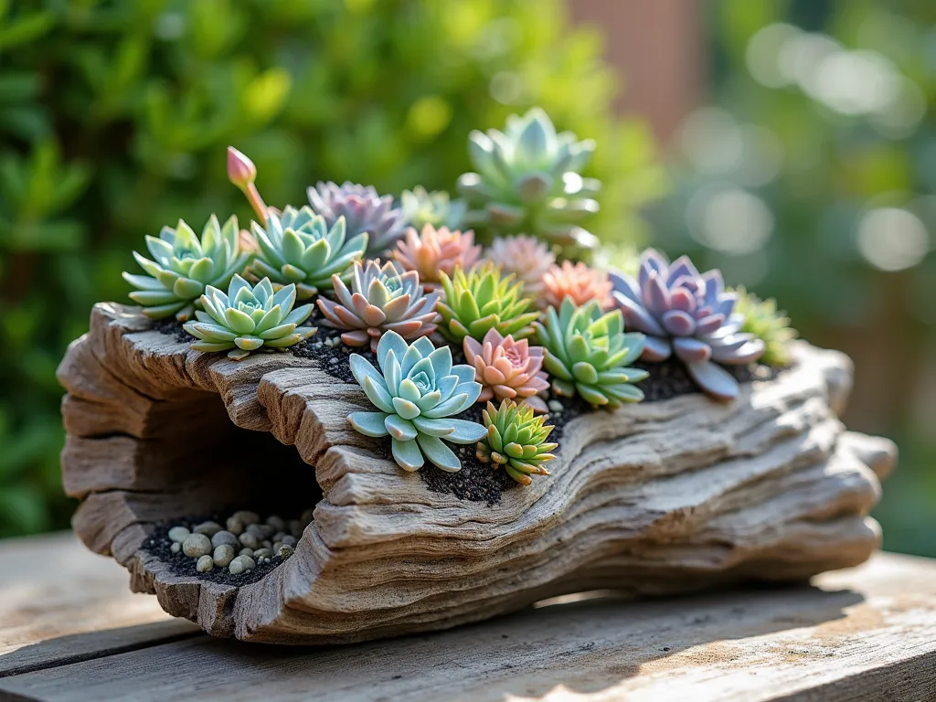 Natural Driftwood Succulent Garden Display - A stunning close-up photograph of a weathered, hollow driftwood log transformed into an artistic planter, filled with a vibrant arrangement of diverse succulents. The succulents, including echeveria, sempervivum, and sedum, cascade naturally from the driftwood's natural cavities. The piece is photographed in natural sunlight, highlighting the contrast between the silvery-gray weathered wood texture and the jewel-toned succulents in shades of blue-green, rose, and purple. Well-draining soil visible between plants, with small decorative pebbles adding texture. Soft bokeh background suggesting an outdoor garden setting.