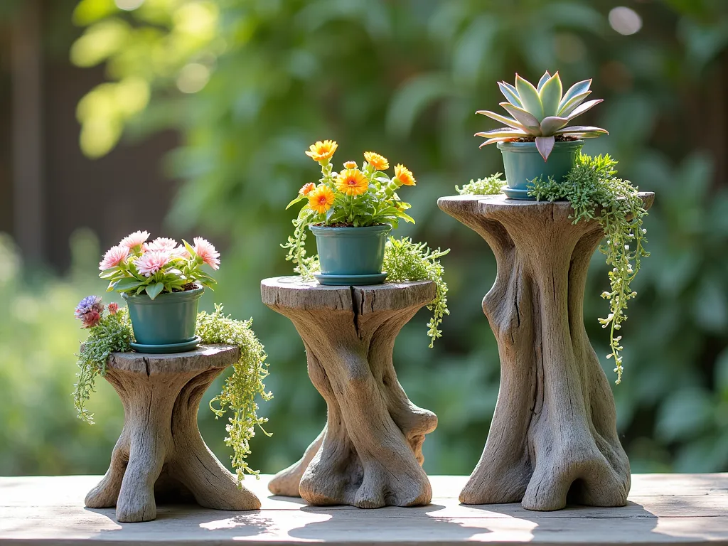 Multi-Level Driftwood Plant Stand Display - A stunning garden vignette featuring three weathered driftwood plant stands of varying heights (8, 12, and 18 inches) arranged artistically against a soft-focus natural background. Each piece of driftwood has been naturally sculpted by the sea and features flat-cut surfaces where colorful potted plants rest securely. The stands display a collection of cascading succulents, flowering kalanchoe, and trailing string of pearls, creating a harmonious vertical garden composition. The driftwood retains its natural silver-gray patina, with subtle touches of weathered texture. Soft natural lighting casts gentle shadows, highlighting the organic shapes of both the driftwood and plants. The scene has a coastal-bohemian aesthetic with a peaceful, zen-like quality.