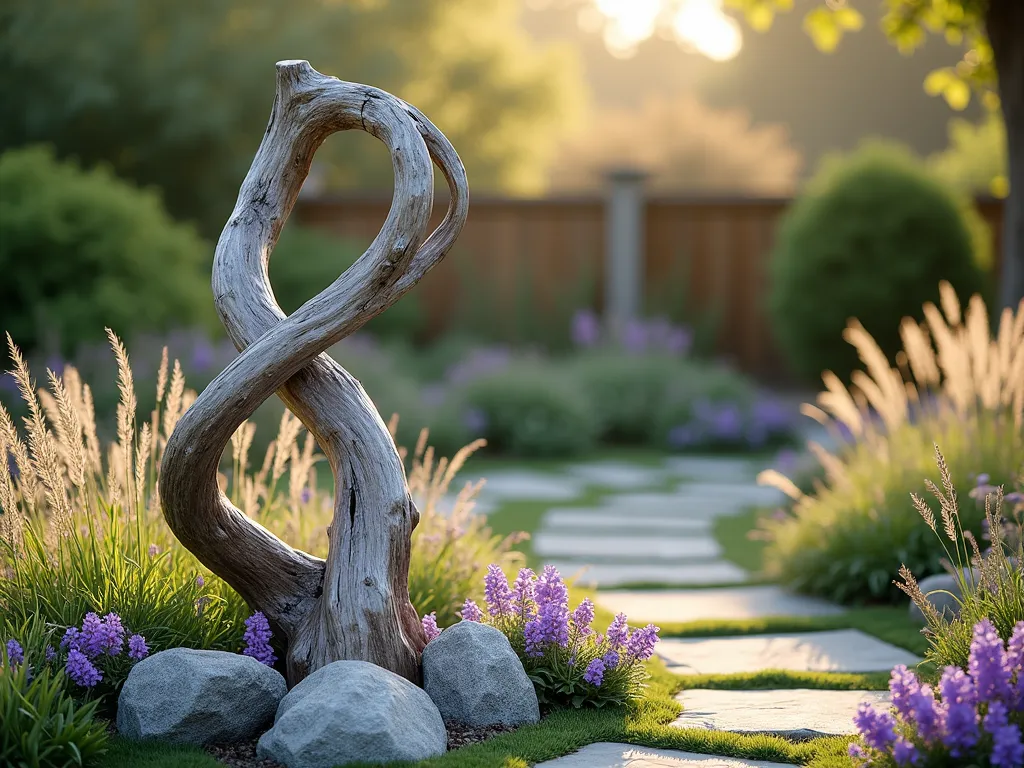 Ethereal Driftwood Garden Sculpture - A serene garden scene featuring a stunning, naturally weathered driftwood sculpture rising 6 feet tall, with gracefully intertwined pieces creating an organic, flowing form. The sculpture emerges from a bed of wispy ornamental grasses and purple salvia, backlit by soft golden sunlight. Smaller pieces of silvered driftwood artfully arranged at its base, surrounded by natural stone paths and delicate coastal flowers. The sculpture's twisted forms create interesting shadows across the garden, with a soft bokeh effect in the background showing more garden elements