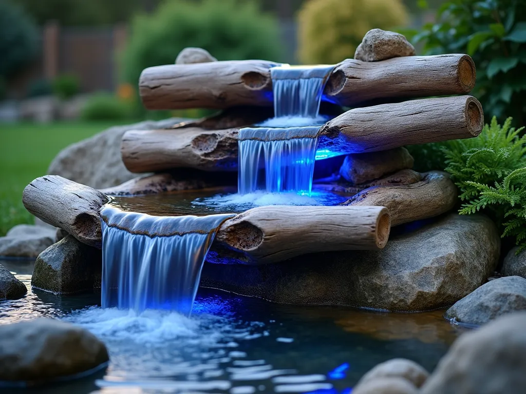 Illuminated Driftwood Waterfall Garden Feature - A stunning garden water feature made from large, weathered driftwood pieces artfully stacked to create natural water cascades, photographed at dusk. Crystal-clear water gracefully flows over the silver-gray wood surfaces, creating multiple gentle waterfalls. Soft blue LED lights illuminate the falling water from beneath, casting ethereal glows and shadows across the textured wood. The feature is surrounded by natural river rocks and delicate ferns, creating an organic woodland aesthetic. Captured with depth of field focus on the flowing water, with a dreamy bokeh background of garden foliage. Photorealistic, high-end landscape photography style.